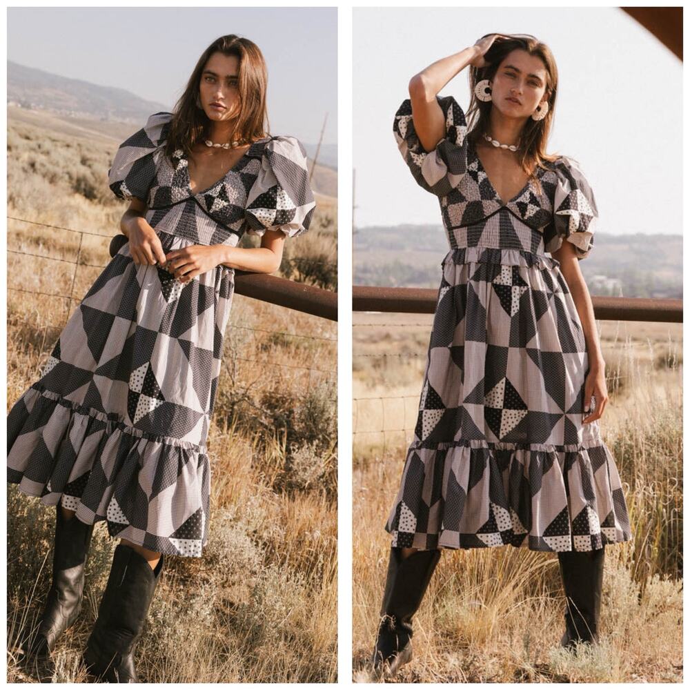 Bohme Brielle Patchwork Midi Dress Size Medium Puff Sleeve Check Plaid Boho